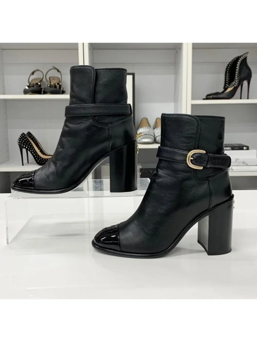 Chanel CC Logo Belt Leather Patent Short Boots Black